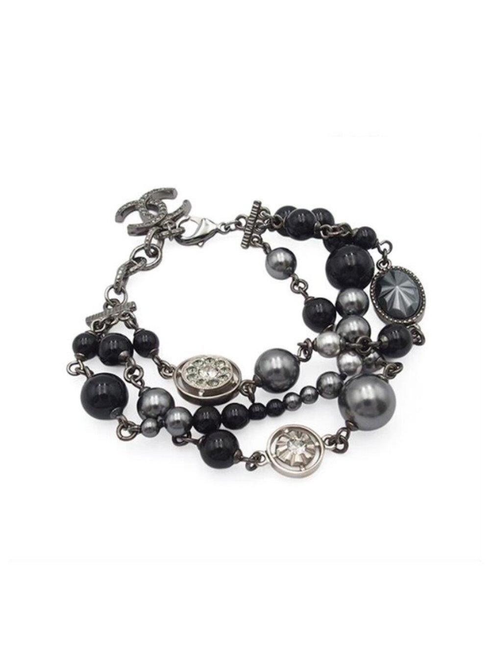 Chanel Bracelet Silver Black Metal Costume Pearl Rhinestone CC Logo
